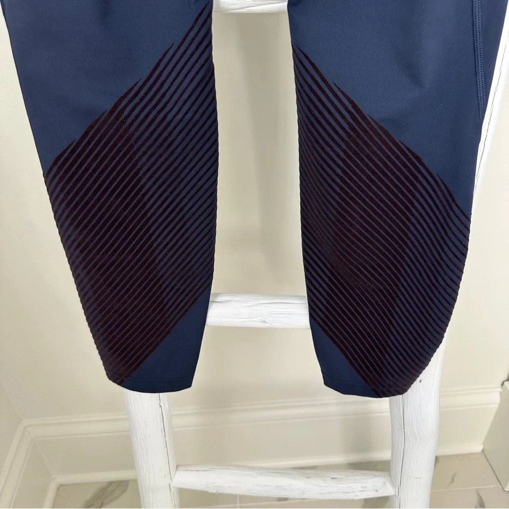 GAP Fit Sculpt Compression Moto Leggings Blue with Burgandy/Brown Stripes